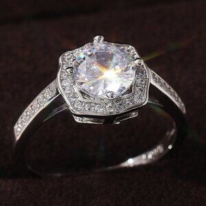 ▶Engagement Hollow Anillos Sparkling Round CZ Dainty Silver Rings, L133